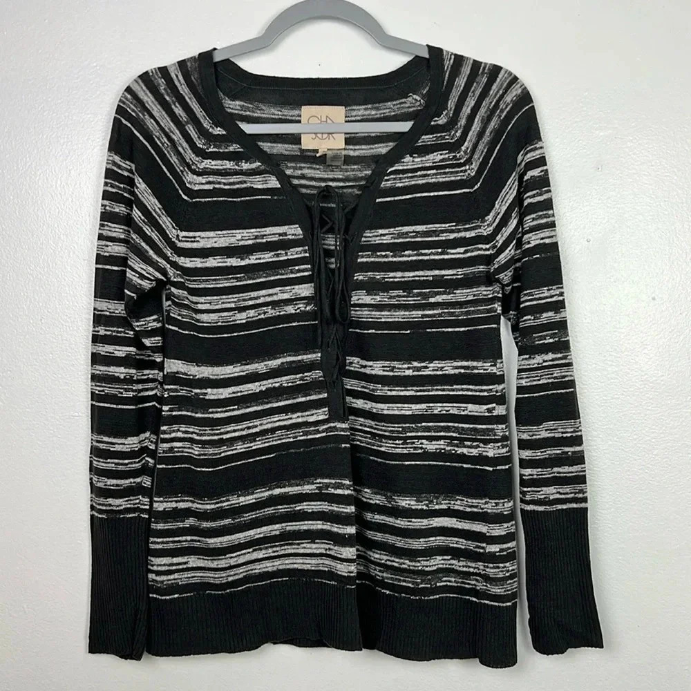 Chaser Women’s XS Long Sleeve Drawstring Tie‎ 100% Linen Striped Top